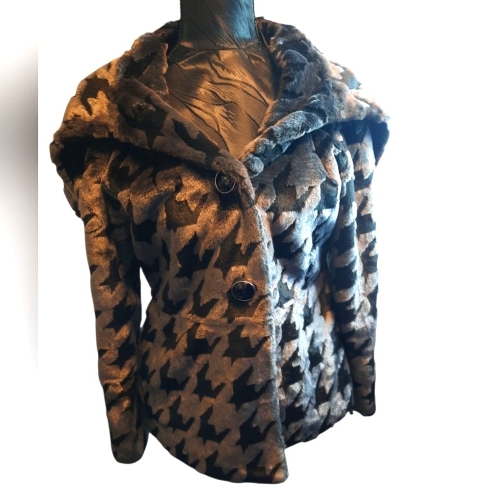 DuMonde Faux Fur Stylish Houndstooth Women's Jacket Small